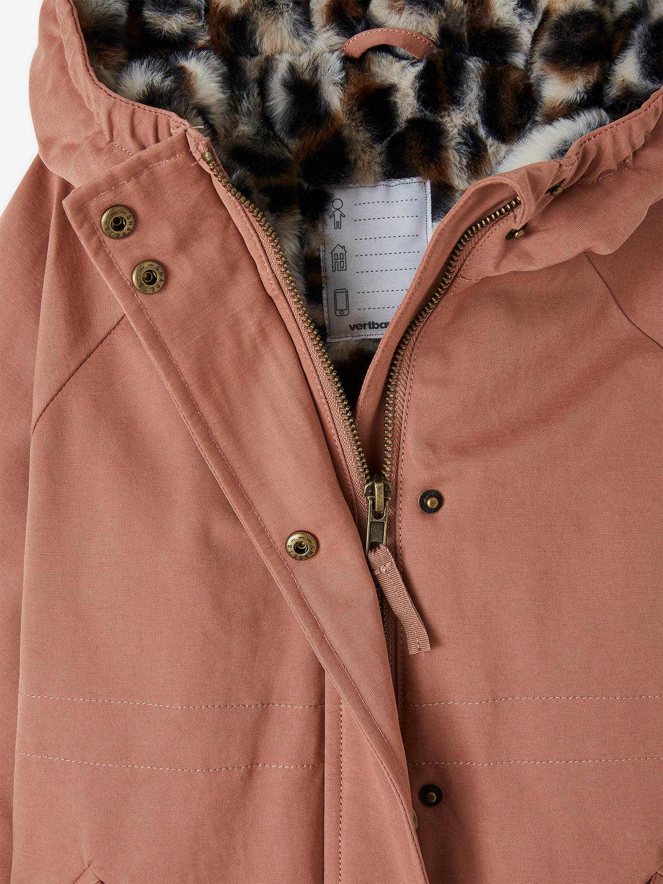 Casaco parka rosa antigo com capuz e forro de pele sintética para meninas