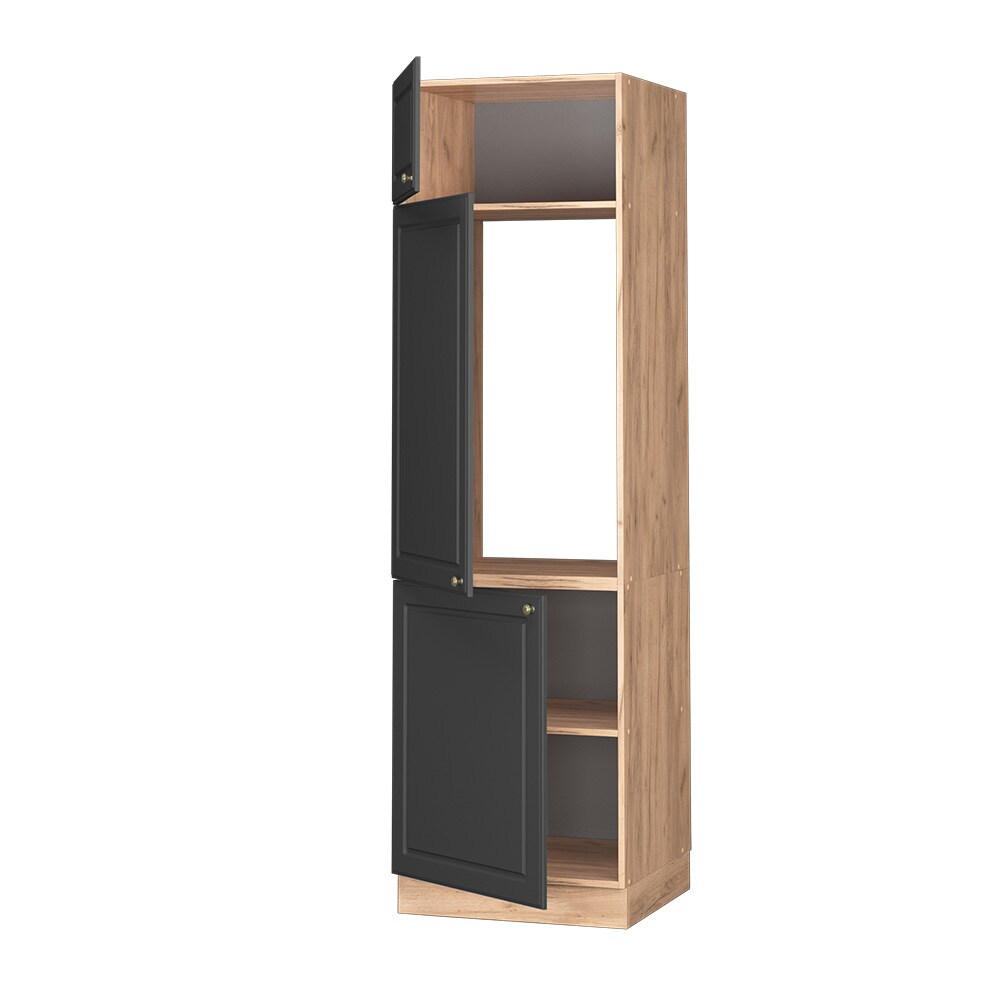 Vicco Kühlumbauschrank Küchenschrank Küchenmöbel Fame-Line Eiche Anthrazit-Gold Landhaus 60 cm Küche Einbauküche Blende Drehtür Einlegeboden Kühlschrank Küchenzeile