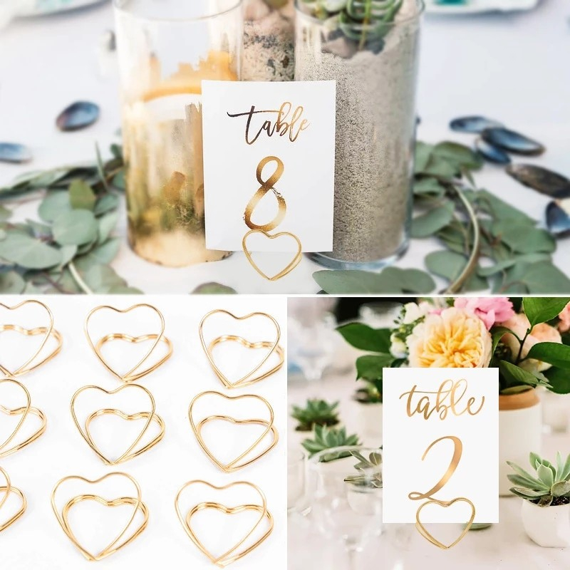 (10er Set) Metall Herz Tischkarten Halter Hochzeits Deko Namenskarten Sockel - Gold
