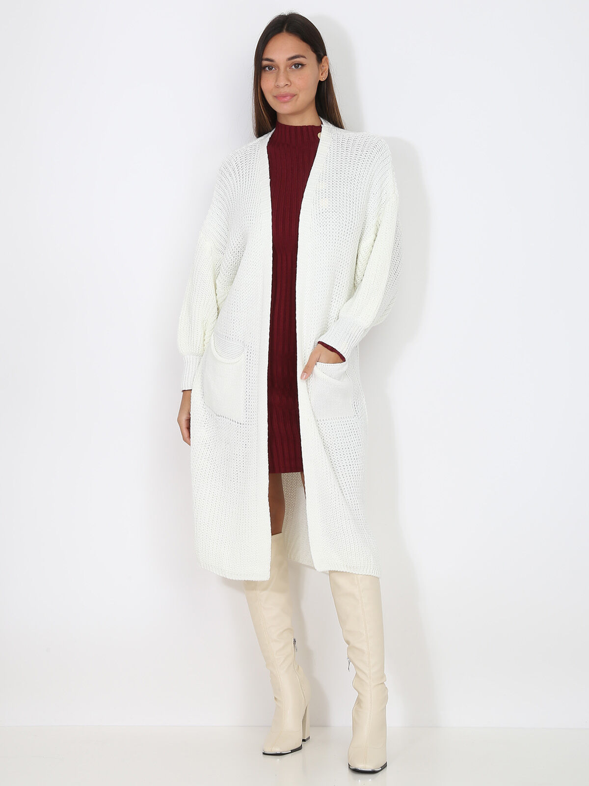 Gilet long en maille ajourée- Blanc