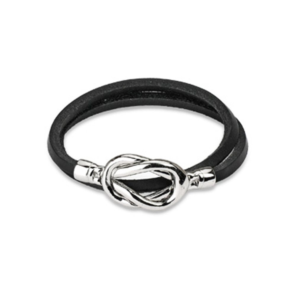 (20cm) Zweireihiges Echtleder Armband Accessoire mit Edelstahl Knoten - Schwarz