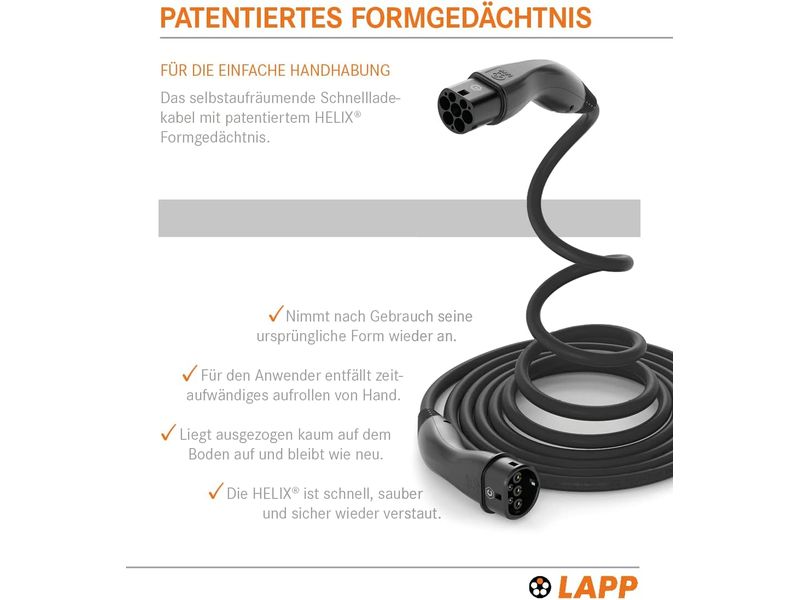 Lapp Ladekabel für Elektroauto Typ 2, 7.4kW, 32A, 5 m, Schw 3-phasiges Helix-Kabel zum Laden von Hybrid- und Elektroautos mit Typ-2-Anschluss