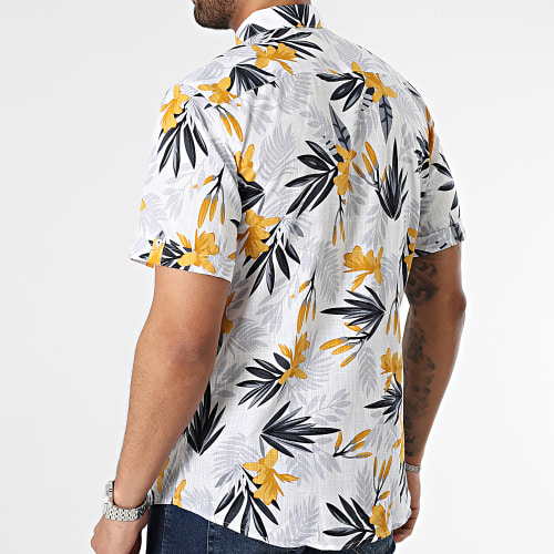 Chemise Manches Courtes Floral Blanc Jaune Bleu Marine