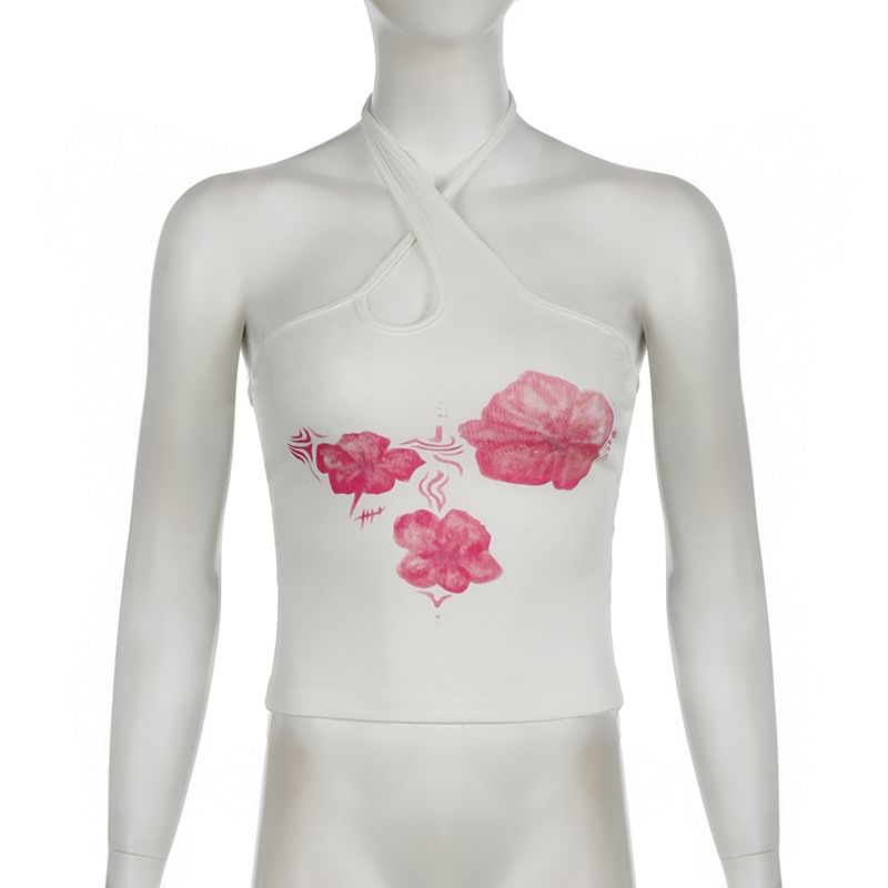 BrickBlack - Haltertop met bloemenprint, uitsparingen en open rug, slim fit crop top
