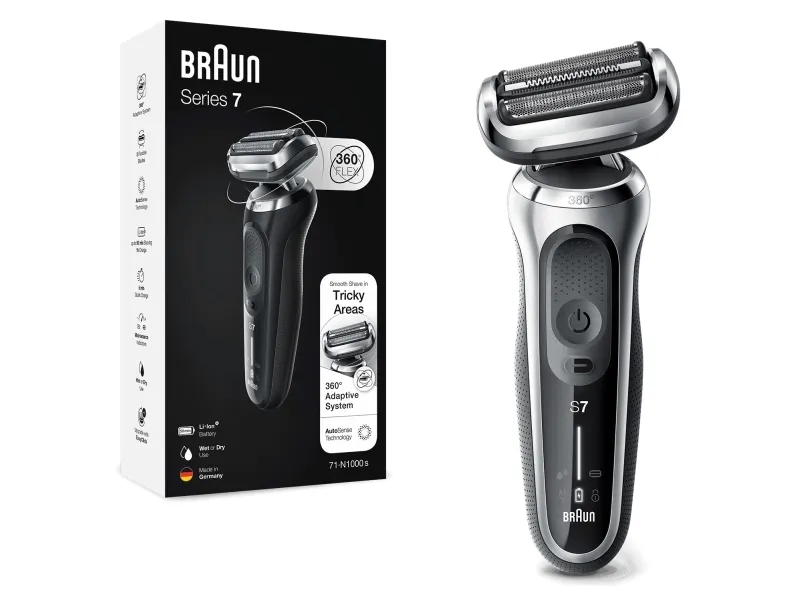 Braun Series 7 71-S1000s, Folie shaver, Sølv, AutoSense, 360° Adaptive system, Knapper, LED, Batteri
