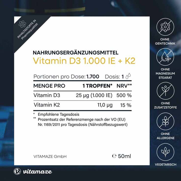 Vitamin D3 K2 1000 I.E. / 10 µg Tropfen hochdosiert, 50 ml