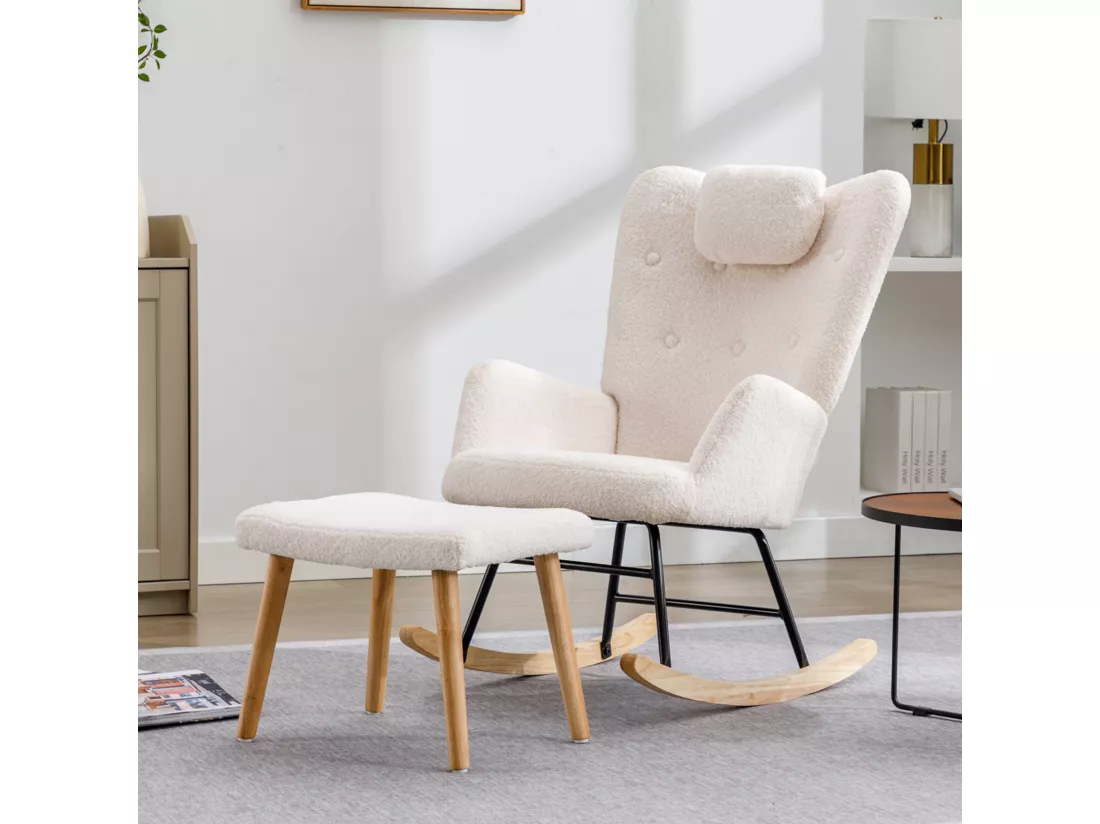 Chaise à bascule confortable en peluche teddy blanche