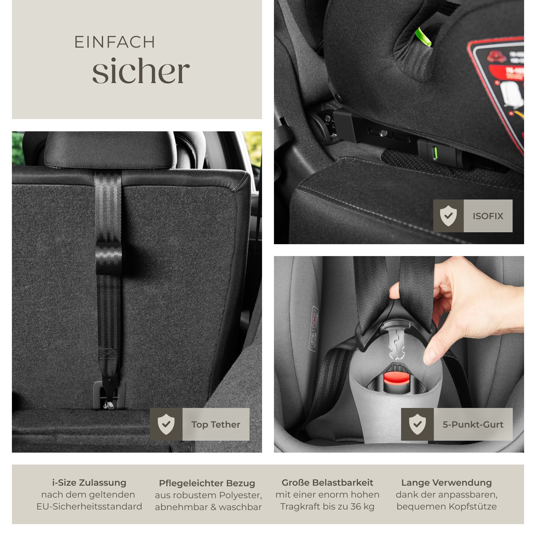 tectake® Autositz, i-Size Zulassung, ISOFIX-Installation und Top Tether, mit Seitenaufprallschutz, längenverstellbarer 5-Punkt-Gurt, 8-fach höhenverstellbare Kopfstütze, ab 15 Monaten von 76 bis 150 cm, Belastbarkeit 36 kg