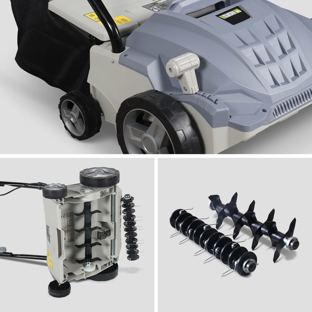 Voltr - scarificateur électrique gazon 1500w - outil 2en1 aérateur et démousseur pelouse. 2 rouleaux : couteaux et griffe.