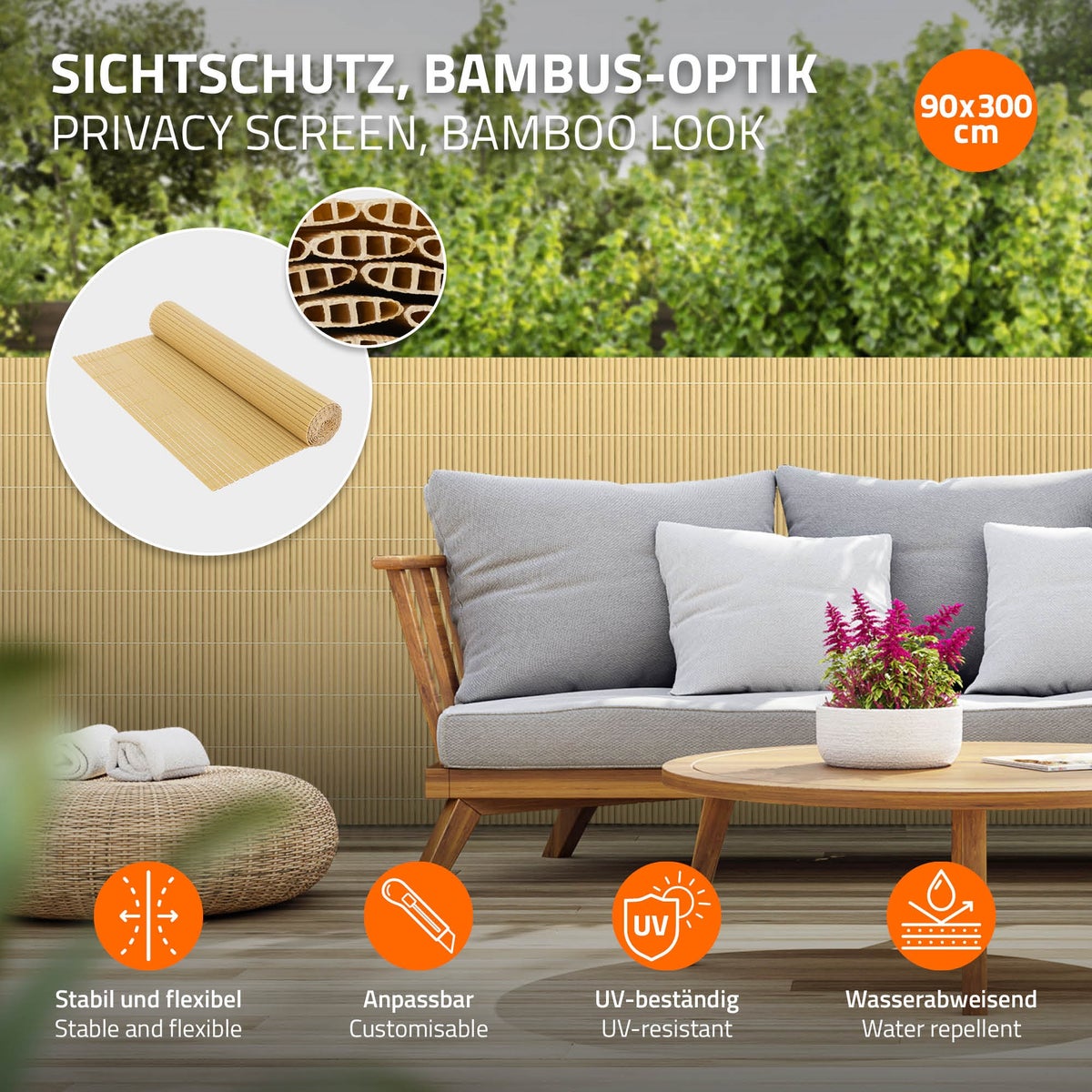 ECD Germany PVC-inkijkschermmat 90x300 cm, bamboe, inkijkscherm met 3-voudige wapening, UV-bestendig, waterdicht, windwerend, balkonbekleding, schuttingscherm, inkijkscherm voor tuin, balkon, terras