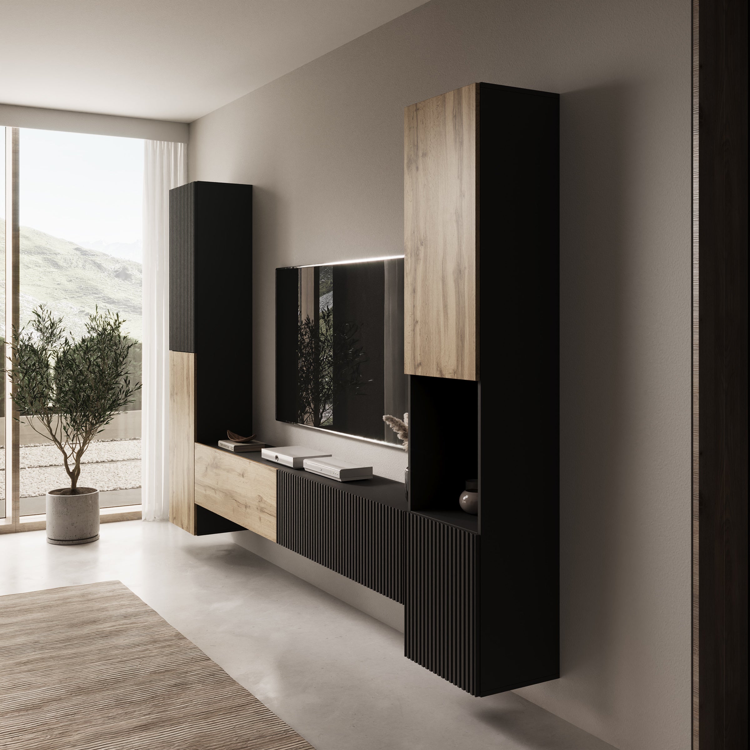 Cruzar - Wandmeubel - Zwart/Eiken - 280x30x180 cm