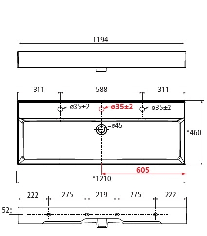 Muebles Veneto keramische wastafel 120x46cm met 1 kraangat wit
