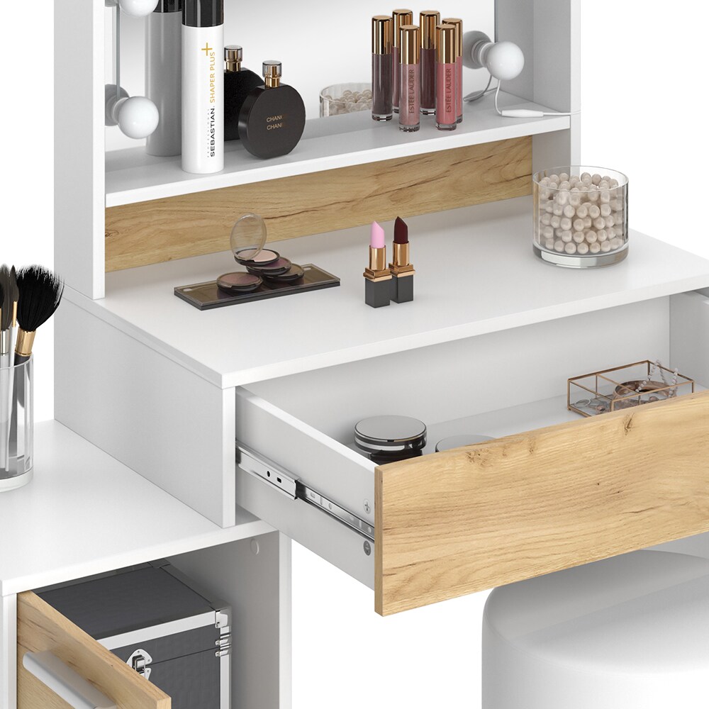 Vicco Schminktisch Altea 95 x 145 cm Weiß Eiche Frisiertisch Spiegel Hocker LED