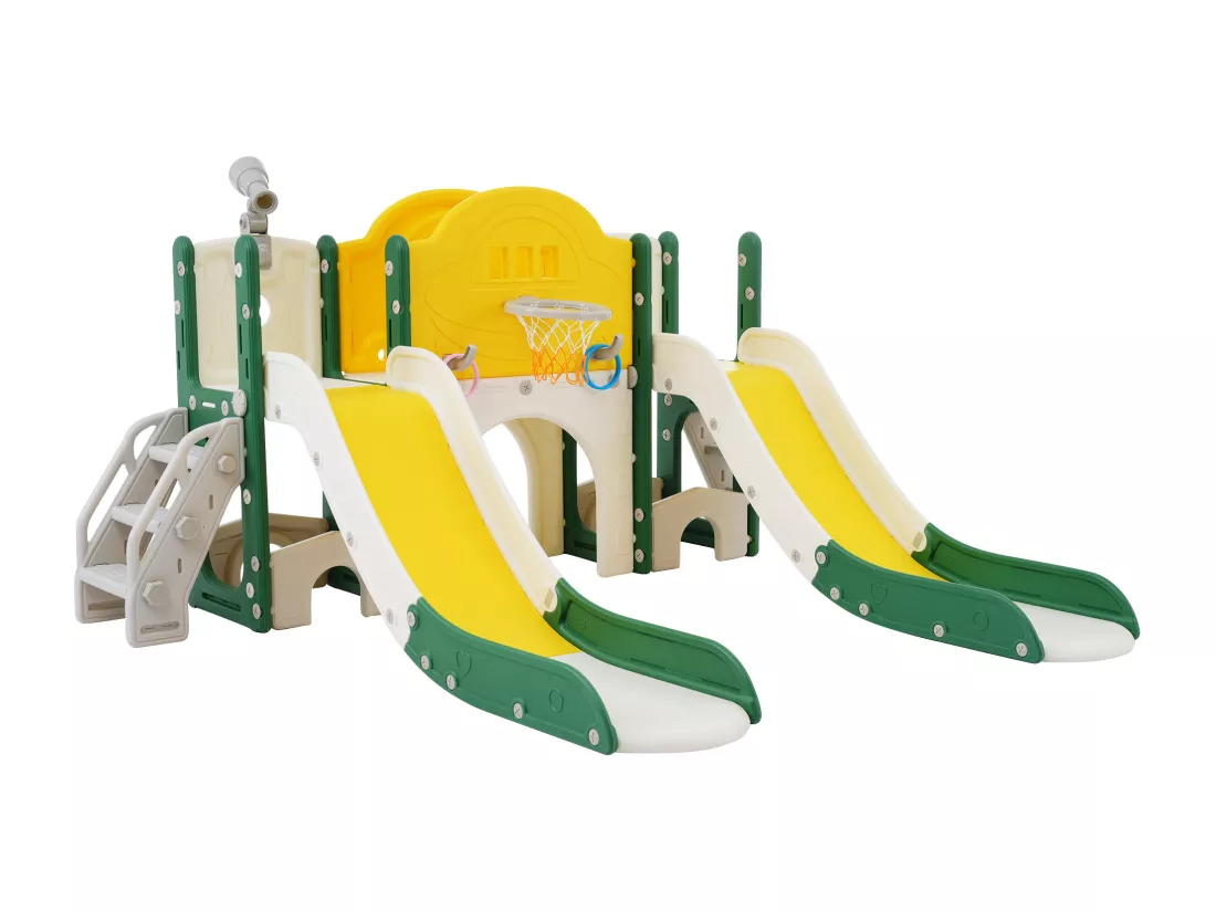 Aire de jeux pour enfants 8 en 1 avec toboggan, mur d'escalade, jeu de trous de forage, vert
