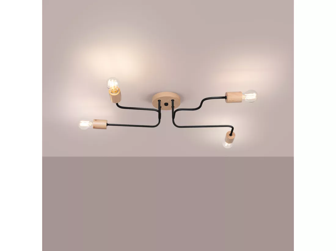 Lustre Timbo grenier en acier/bois - 4 sources lumineuses - L.75 x H.16,5 cm - noir/bois naturel