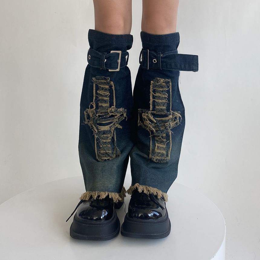 Allinya - Fray denim beenwarmers met gewassen appliqué