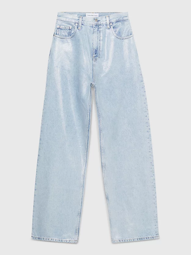 Calça jeans revestida de cintura alta e modelagem folgada