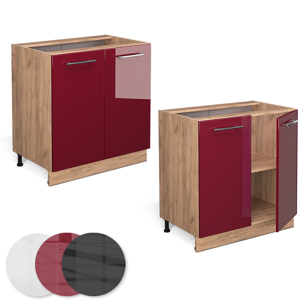 Vicco Unterschrank Küchenschrank Küchenmöbel Fame-Line Eiche Rot Bordeaux modern 80 cm Küche Einbauküche Drehtür Einlegeboden Blende Küchenzeile Hochglanz