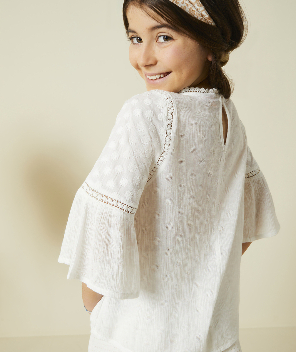 BLOUSE MANCHES 3/4 FILLE BLANCHE AJOURÉ ET BRODERIES FLEURS
