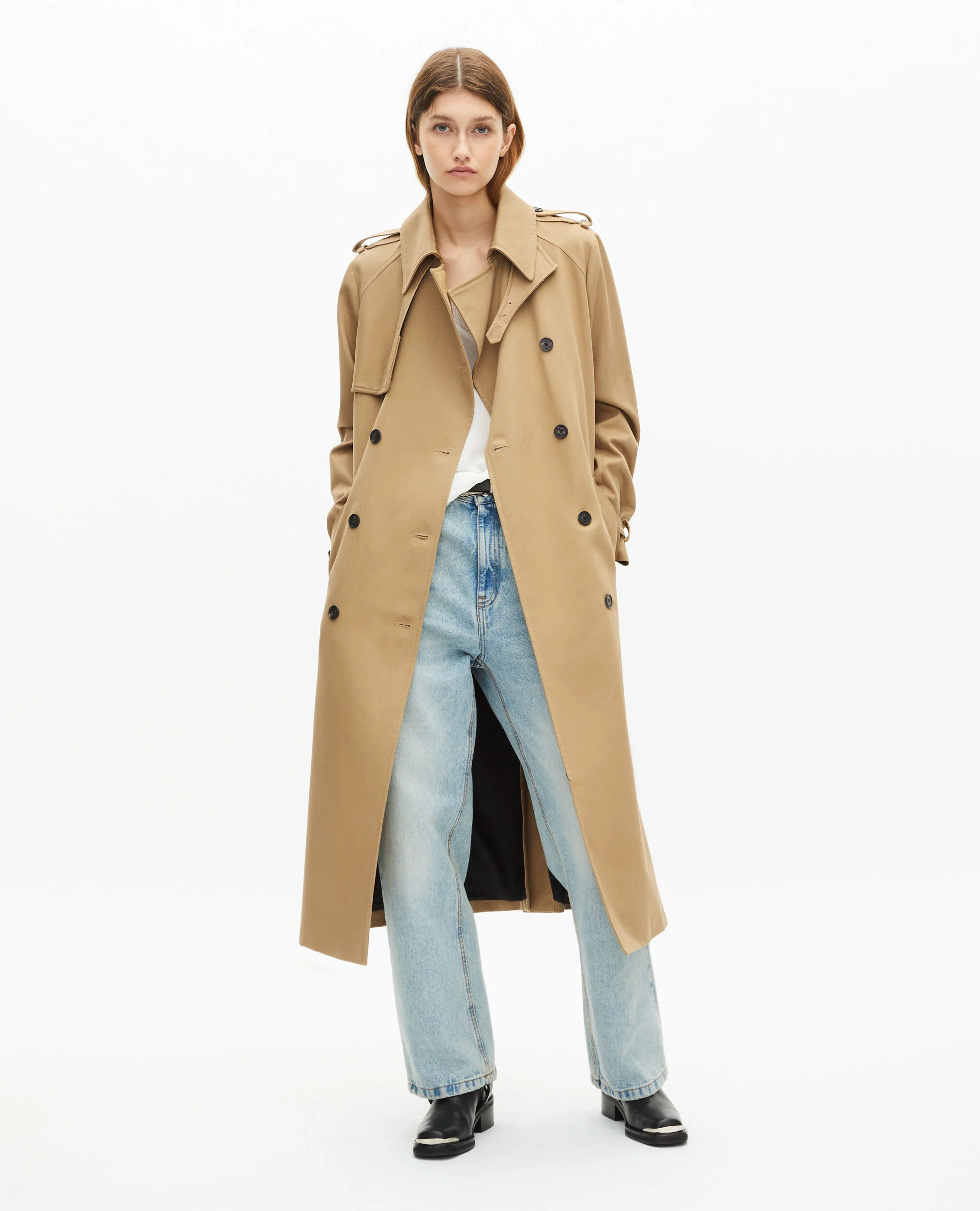 Trench long en coton beige