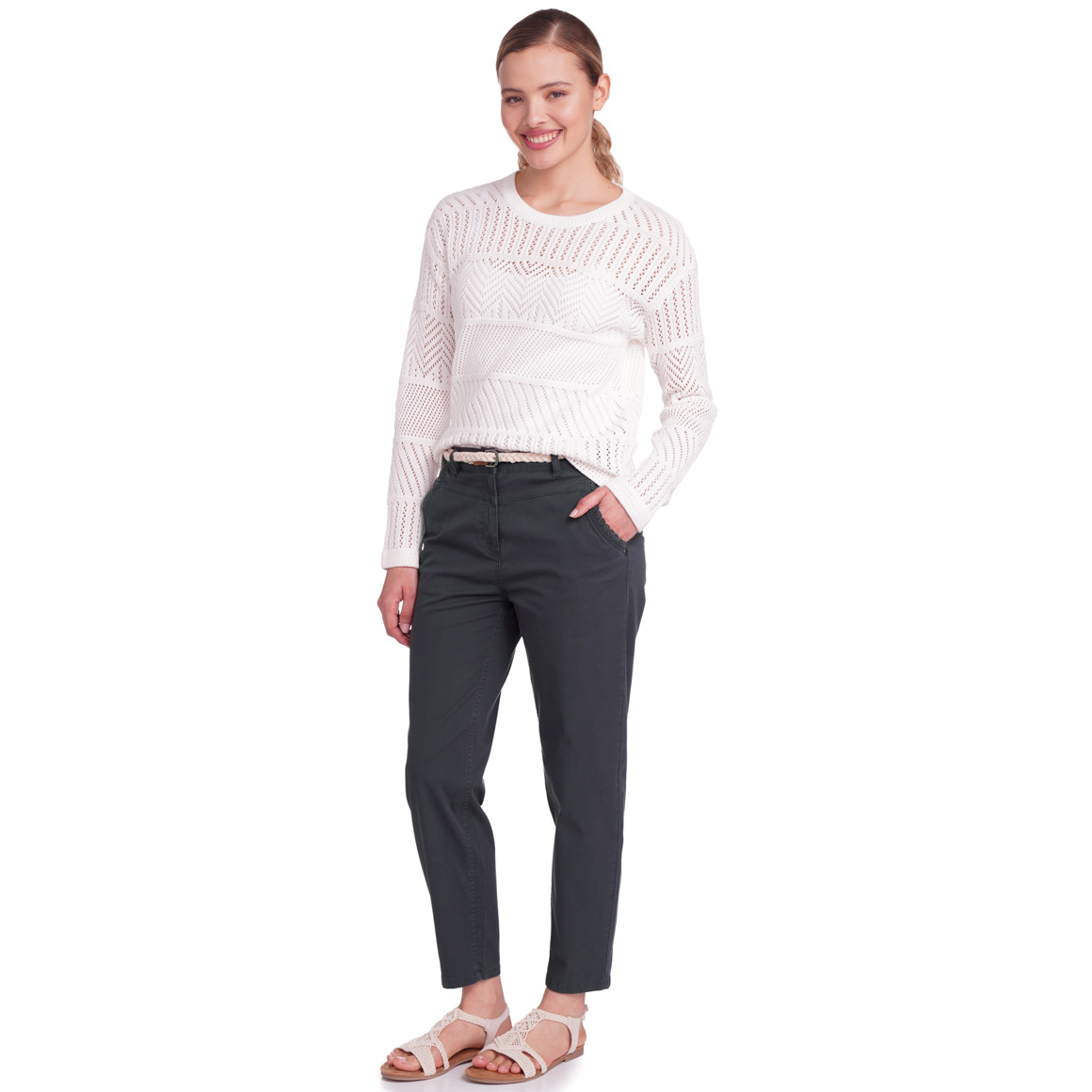 Gina Damen Hose mit Zopf-Gürtel dunkelgrau