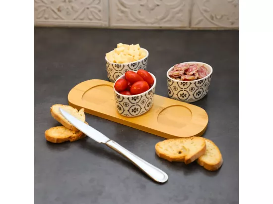 ~ Set apéritif tapas 3 verrines en bambou et céramique blanc et marron 33.5 x 10 cm