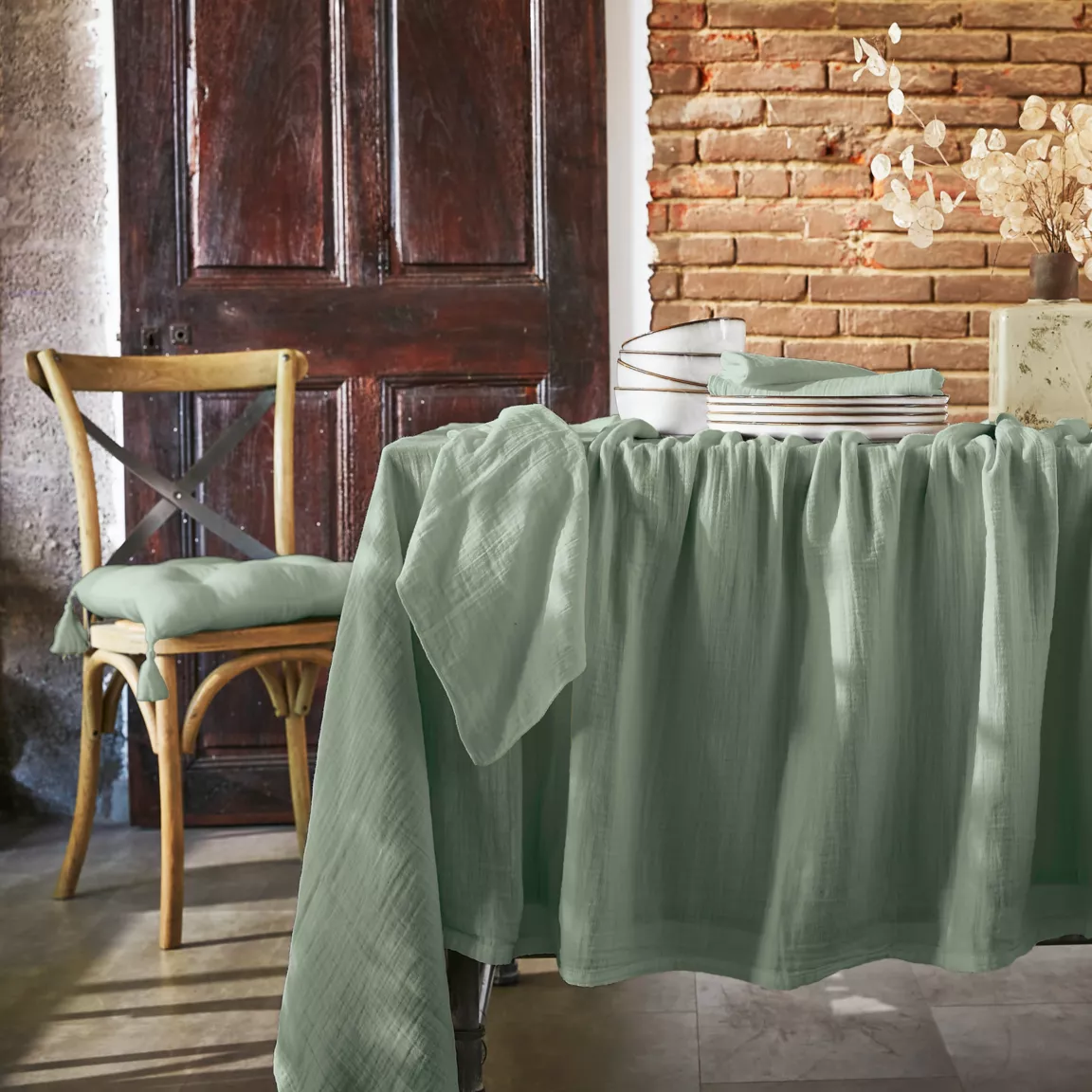Lot de 3 serviettes gaze de coton (40 x 40 cm) Gaïa Vert eucalyptus