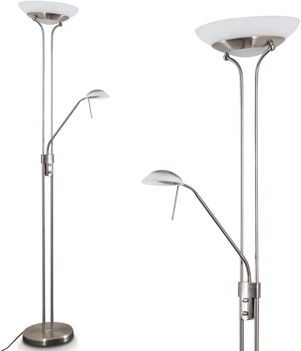 LED Stehlampe Biot, dimmbarer Deckenfluter aus Metall in Nickel-matt, 18 u. 5 Watt, 2070 Lumen (insgesamt), Lichtfarbe 3000 Kelvin (warmweiß), Standleuchte mit Dimmer u. verstellbarem Lesearm