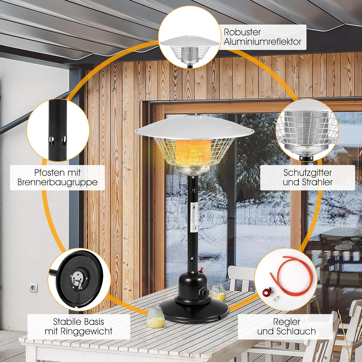 COSTWAY Terrassenheizer für Tischplatte, Gas-Heizstrahler, Tragbarer Tischheizer mit 4000 W Heizleistung, Umkipp- & Überhitzungsschutz, Heizpilz mit beschwertem Sockel für Garten, Terrasse (Schwarz)