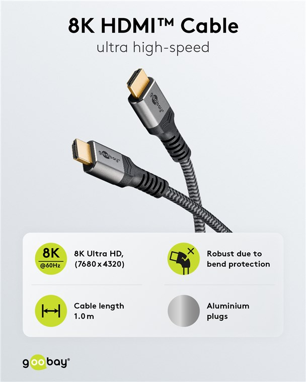 (1m) Ultra Highspeed (8K@60Hz) HDMI 2.1 Kabel Ethernet Audio / Video Verbindungskabel (65260) - Grau