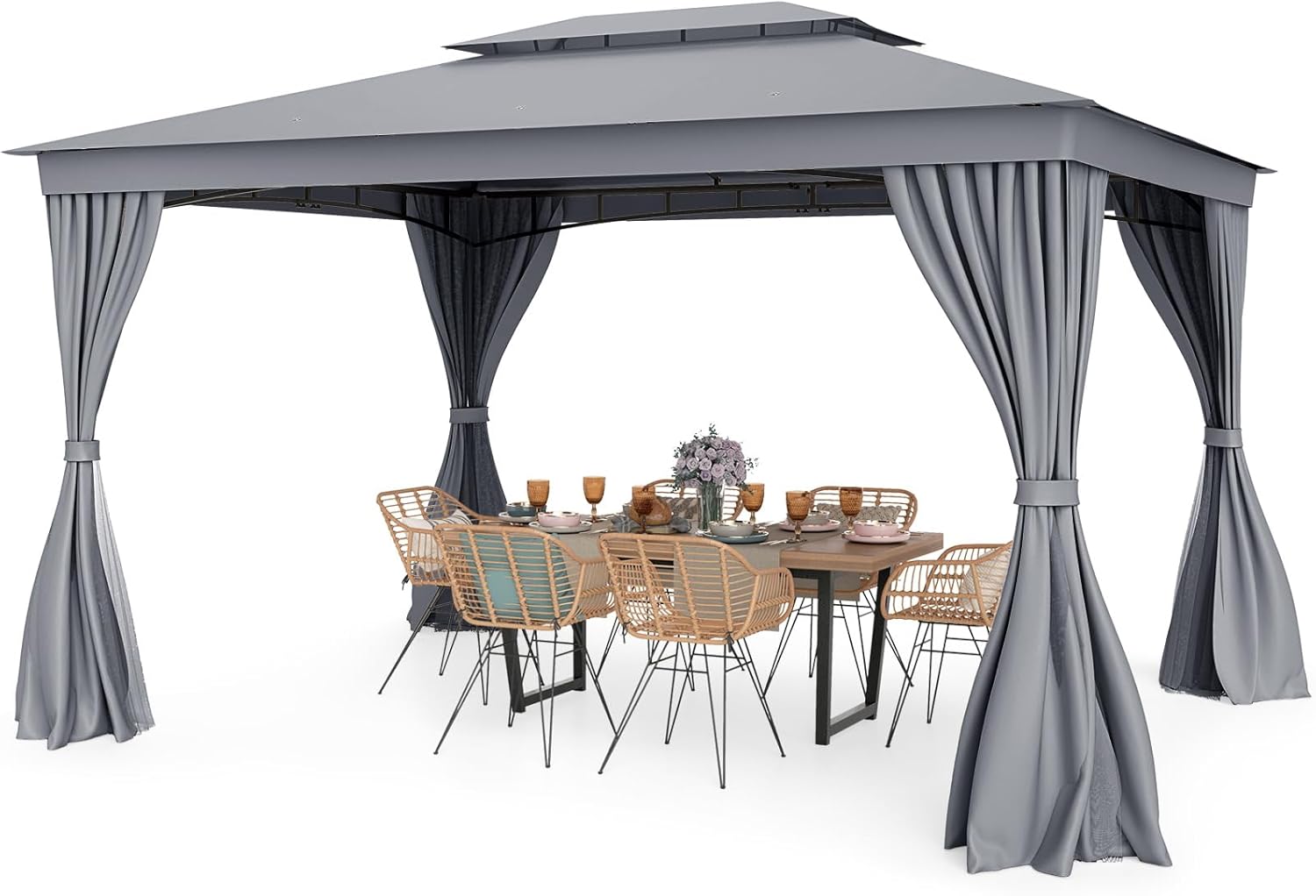 COSTWAY Pavillon 3 x 4 m, Gartenpavillon mit Moskitonetz & Vorhang & Doppeldach, Pavillonzelt Wasserdicht, Winterfest Sonnenschutz Gartenzelt, Terassenpavillon für Terrasse, Garten, Rasen