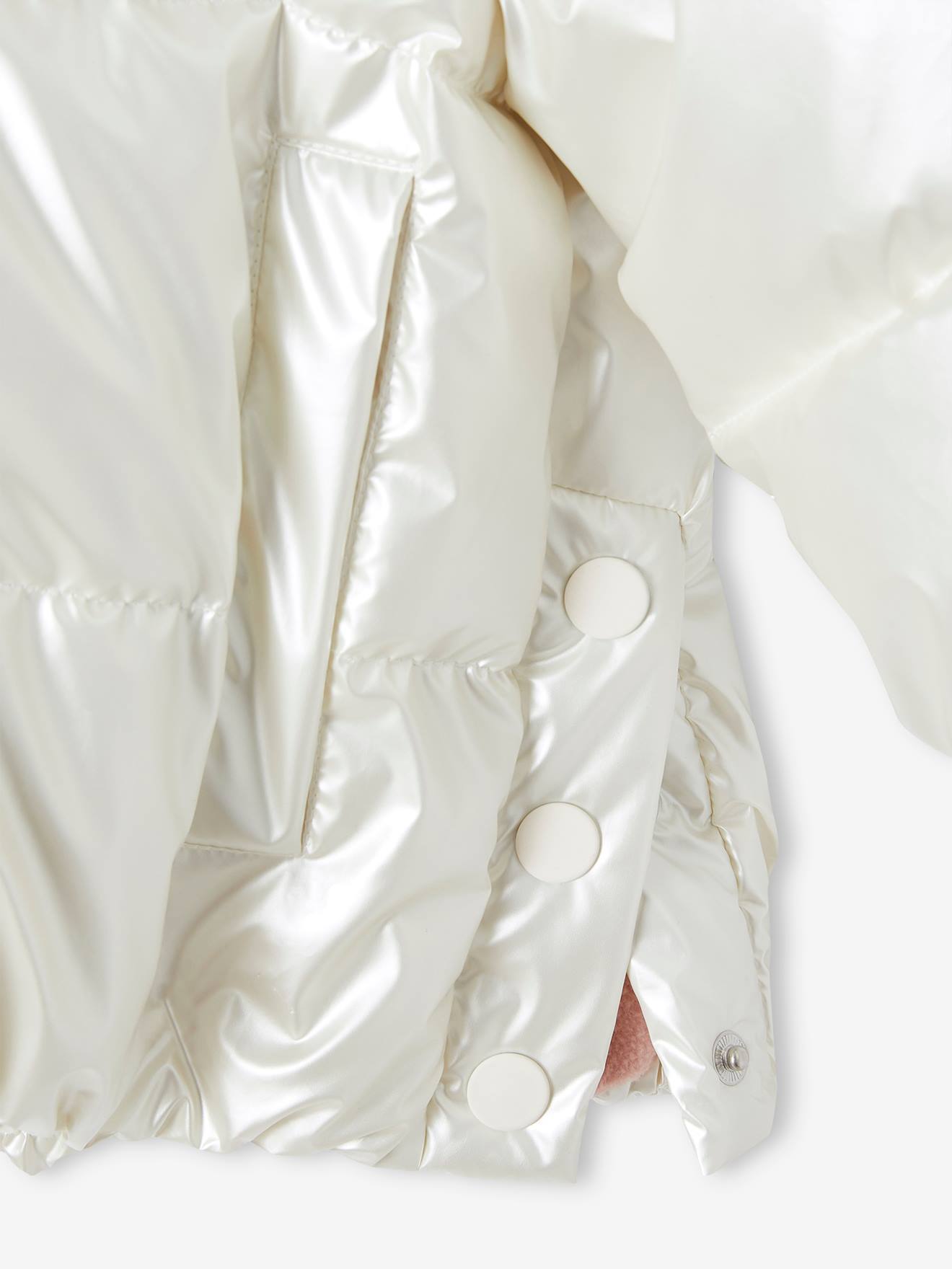 Jaqueta acolchoada com forro de lã, capuz e efeito perolado para meninas, cor off-white.