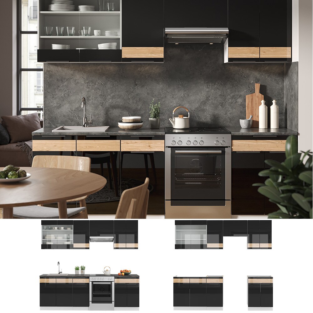 Vicco Küchenzeile Küchenblock Einbauküche Fame-Line Weiß Schwarz Eiche 240 cm modern Hochglanz Küchenschränke Küchenmöbel
