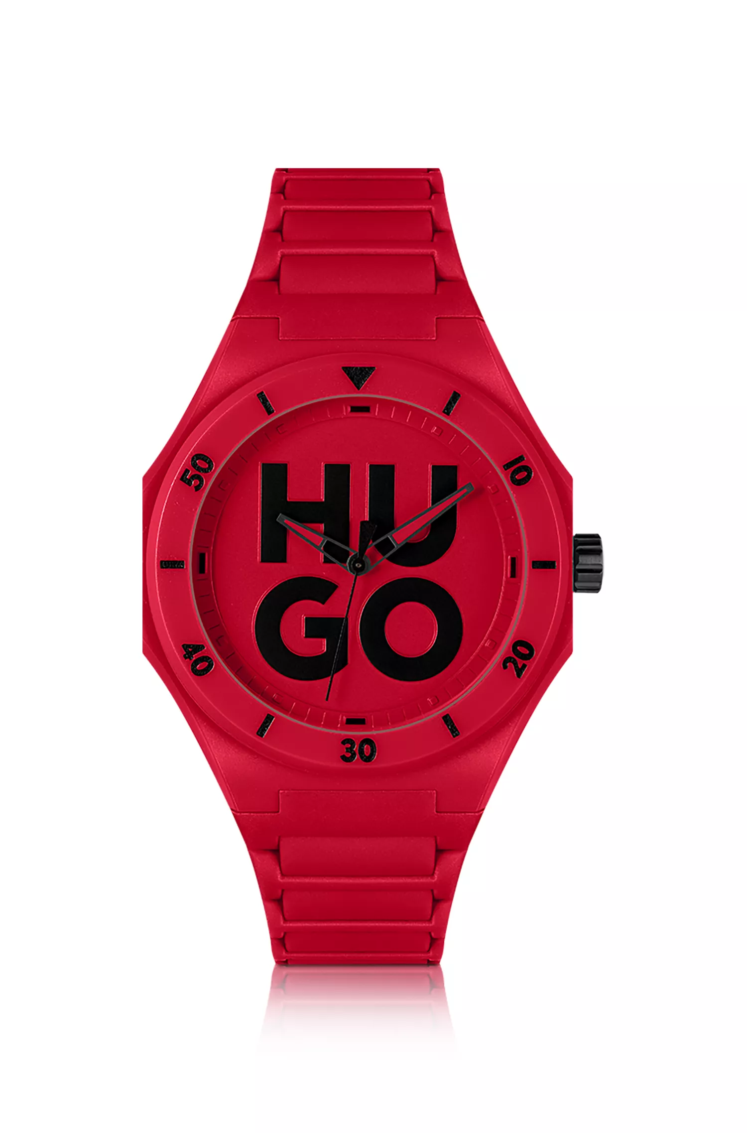 Relógio HUGO vermelho com pulseira de silicone na mesma cor.
