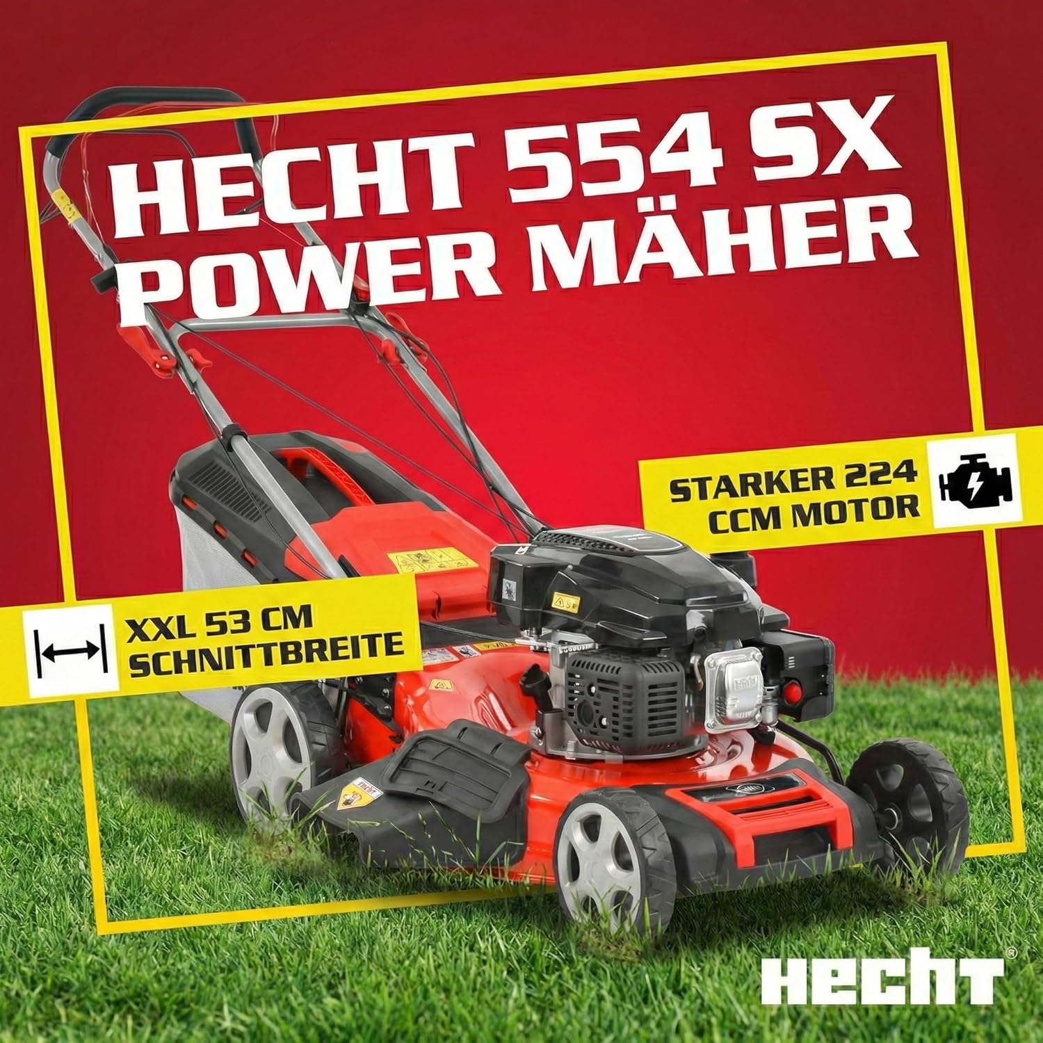HECHT 5-IN-1 Benzin Rasenmäher – leistungsstarker 4 Takt Eco Motor 4,4 kW (6,0 PS) – Seilzug Starter – mit 53 cm Schnittbreite – 75 l Fangkorb – Radantrieb – patentierte Räder – EasyClean – Mulchmäher