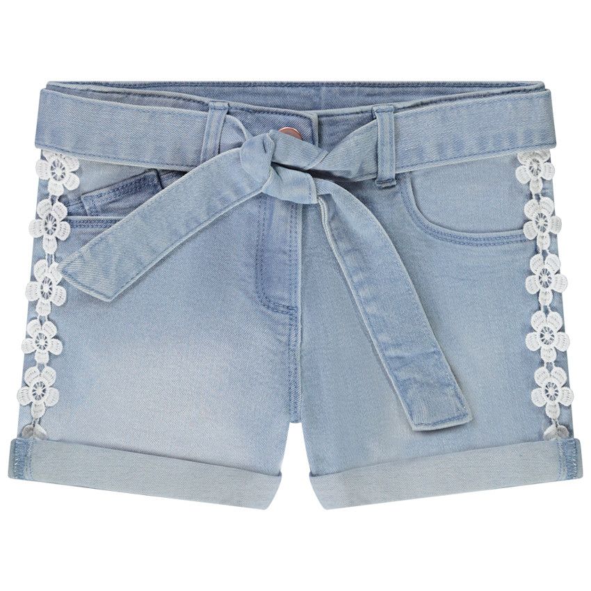 Short en jean avec ceinture à nouer et dentelle pour fille - Bleu