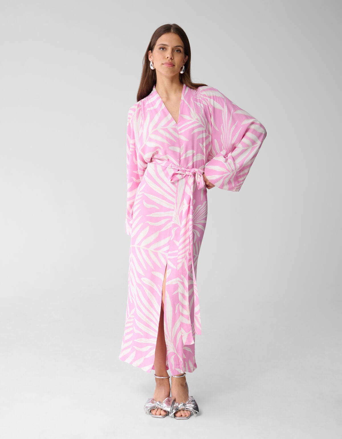 Printed Kimono Maxi Jurk Lichtroze