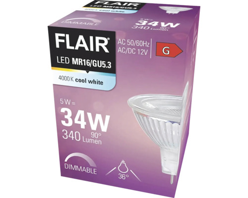 FLAIR LED reflectorlamp dimbaar MR16 GU5.3/5W (34W) 340 lm 4000 K neutraal wit helder 36° 12V