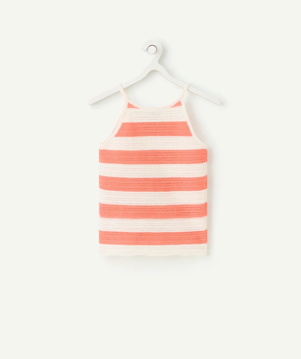débardeur tricot fille en coton bio rayé corail et blanc