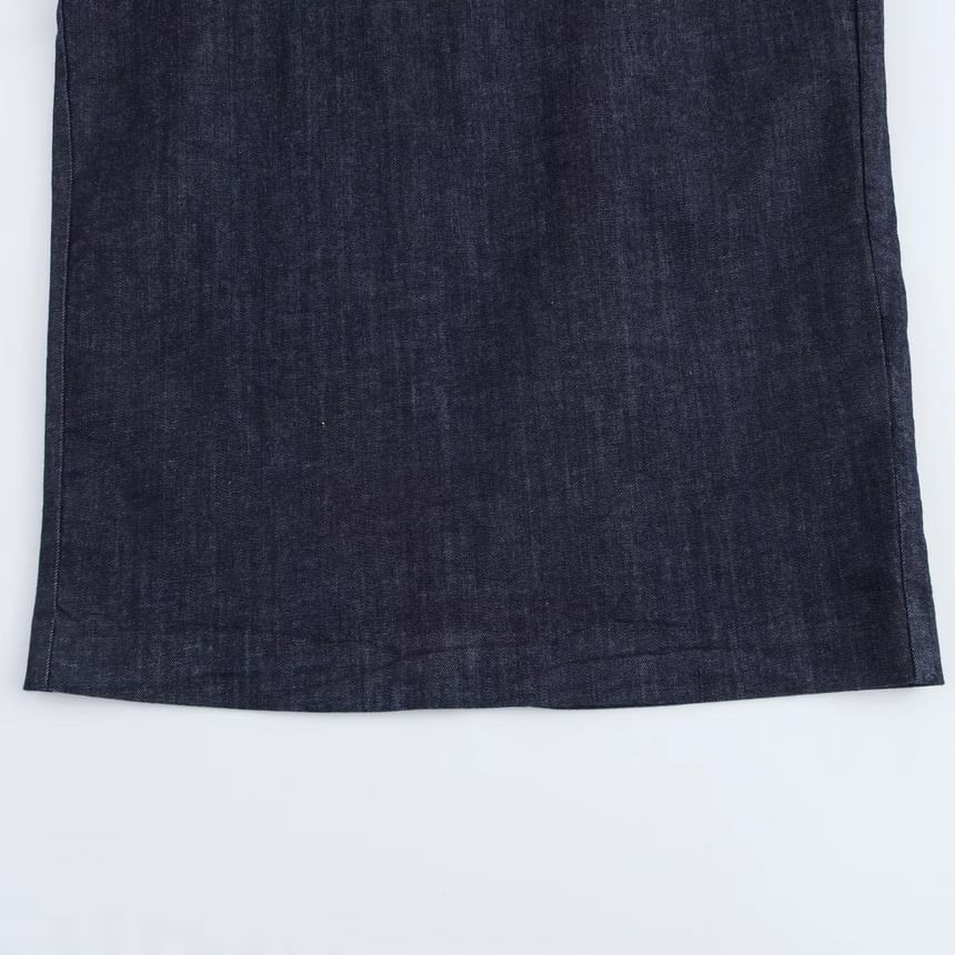 Omelia - Mouwloze ronde hals gerimpelde denim midi-jurk