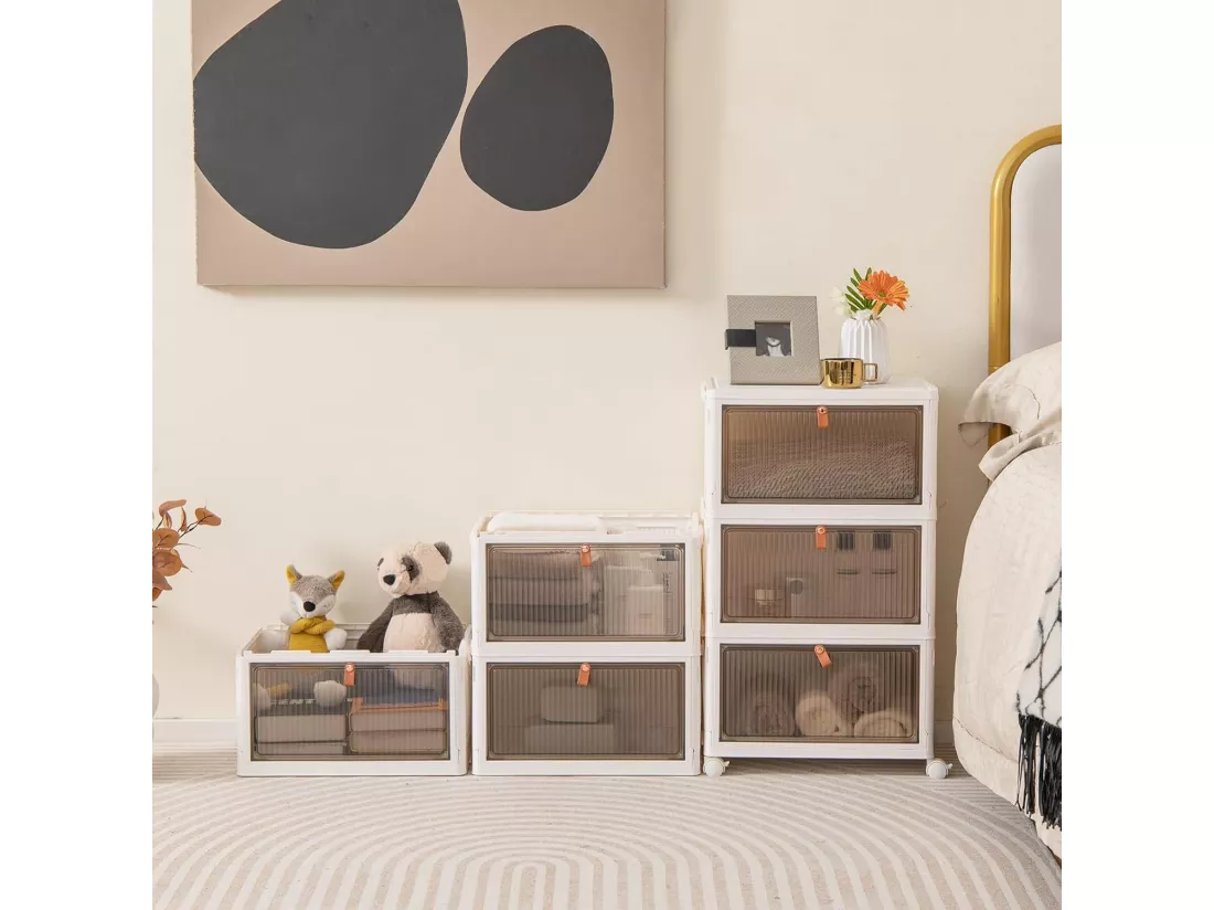 Boîte Rangement Plastique 90L, 6 Caisses de Rangement Pliables avec 4 Roulettes et Couvercles, Boite Empilable pour Chaussures, Jouets, Caisse pour Chambre, Salon, Cuisine (90L)
