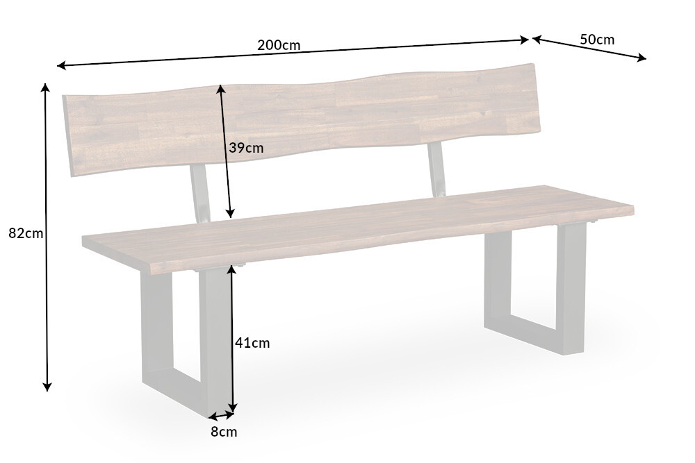 Industrial Baumstamm Sitzbank GENESIS 200cm Akazie Massivholz Kufengestell Rückenlehne Live Edge