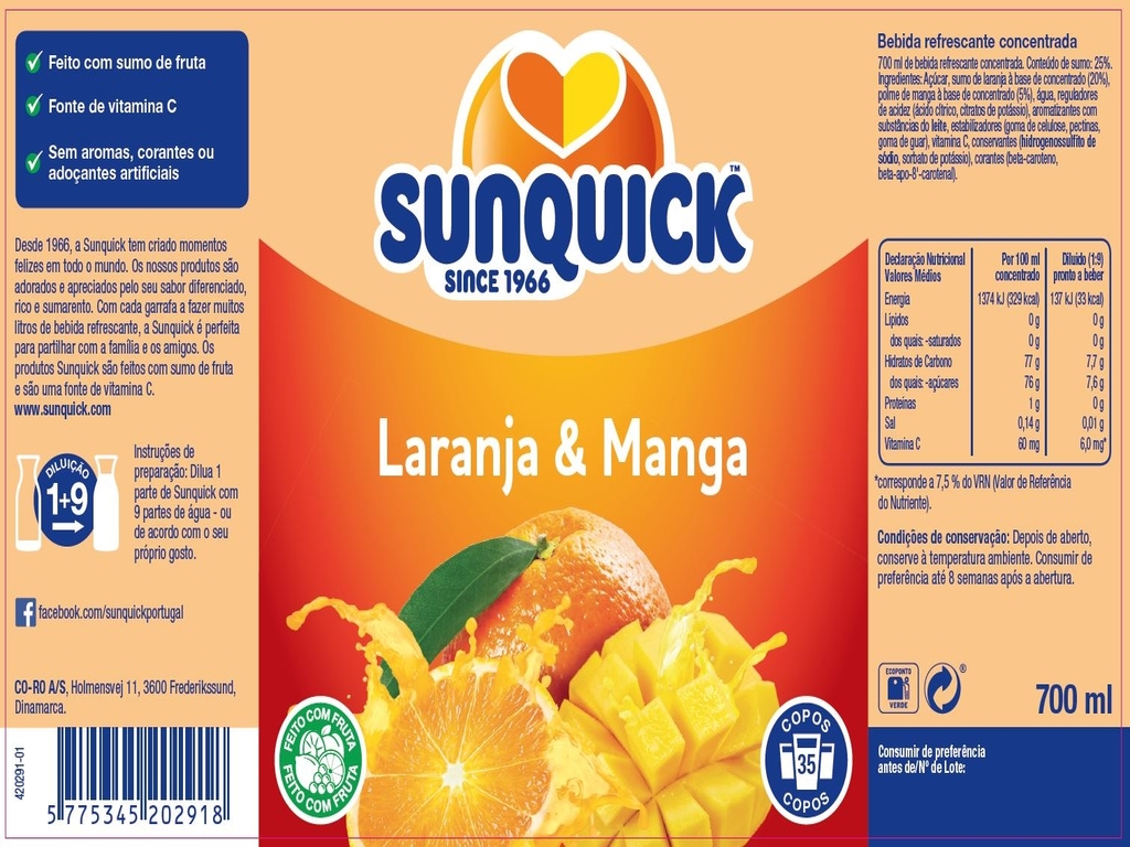 CONCENTRADO SUNQUICK LARANJA & MANGA 0.70L