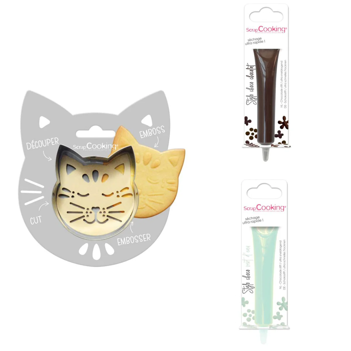 Kit pour biscuit en relief Chat + 2 Stylos au chocolat marron et vert