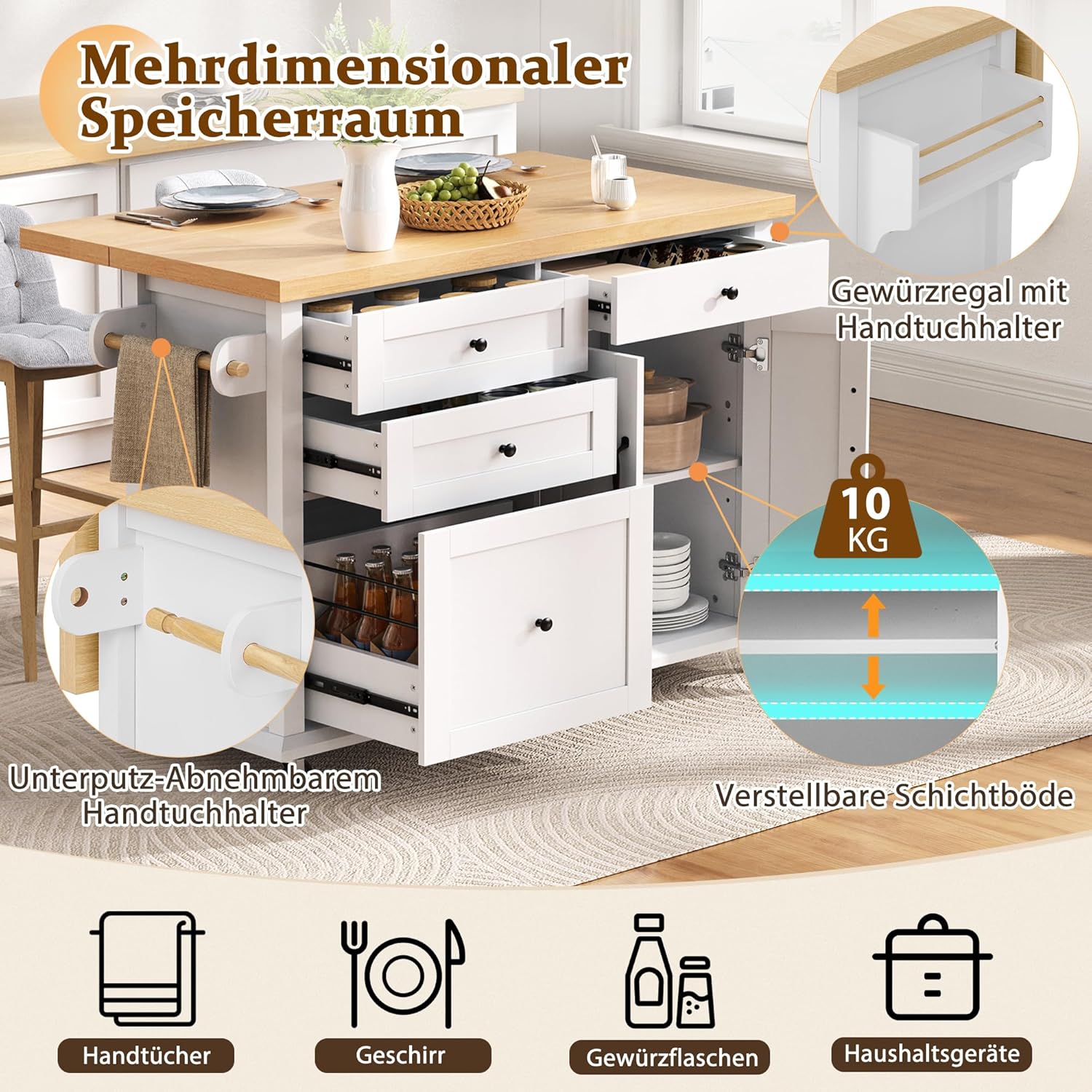 Küchenwagen mit 5 Rollen,Kücheninsel mit Klappbaren Arbeitsplatte,Küchenschrank mit 4 Schubladen,1 Doppeltür-Aufbewahrungsschrank,107 * 45(70)*90.5cm(L×W×H) Weiß