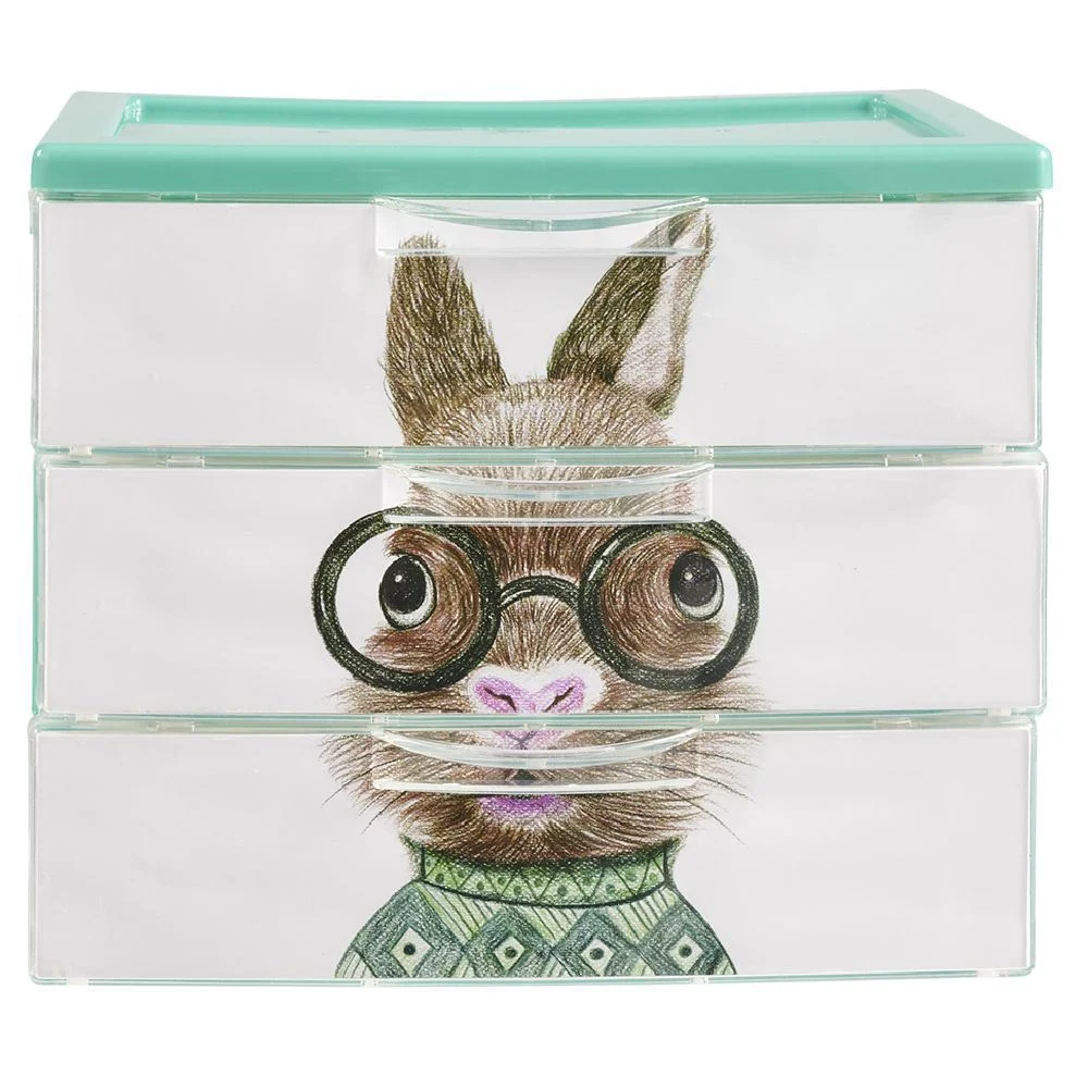 Boîte bloc 3 tiroirs plastique décor animal H15,5 cm