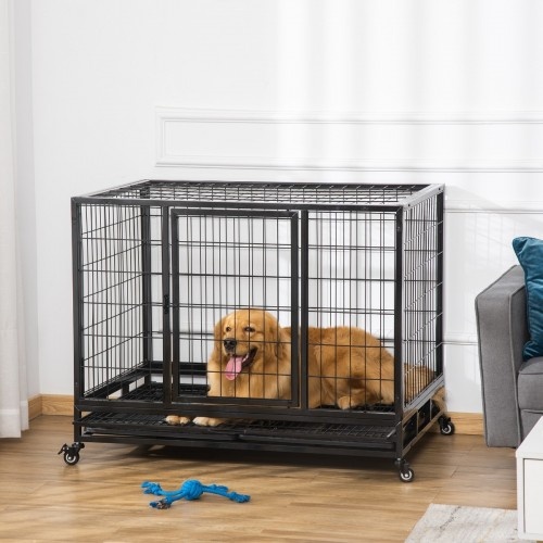 Caixa de transporte para cães PawHut em metal com rodas e freios.