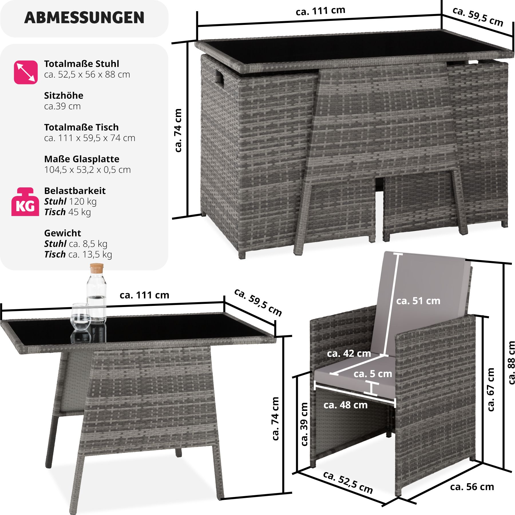tectake® Rattan Sitzgruppe, für 2 Personen, UV-beständig, zusammenschiebbar