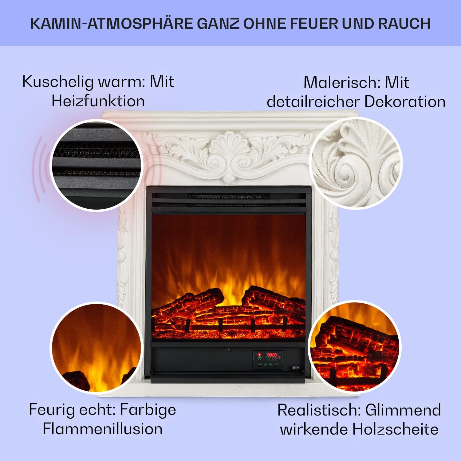 Klarstein Elektrokamin, Elektro Heizungen für Wohnzimmer & Innenräume, Elektrischer mit LED Flammen, mit Fernbedienung, Elekroofen-Kamin, Automatische Temperaturregelung, Heizung 1800 W