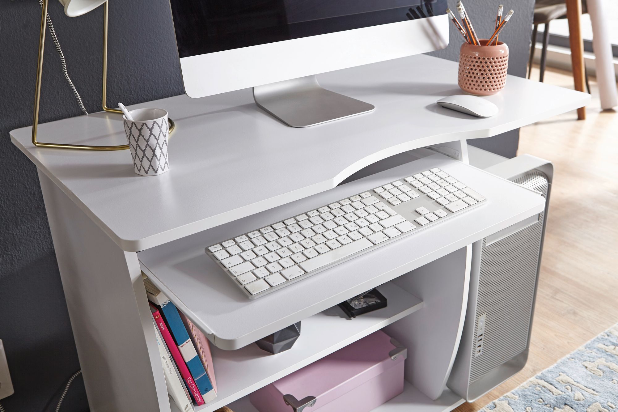 Laptoptisch Computertisch Weiß Rollen Schreibtisch Tastaturauszug Arbeitstisch